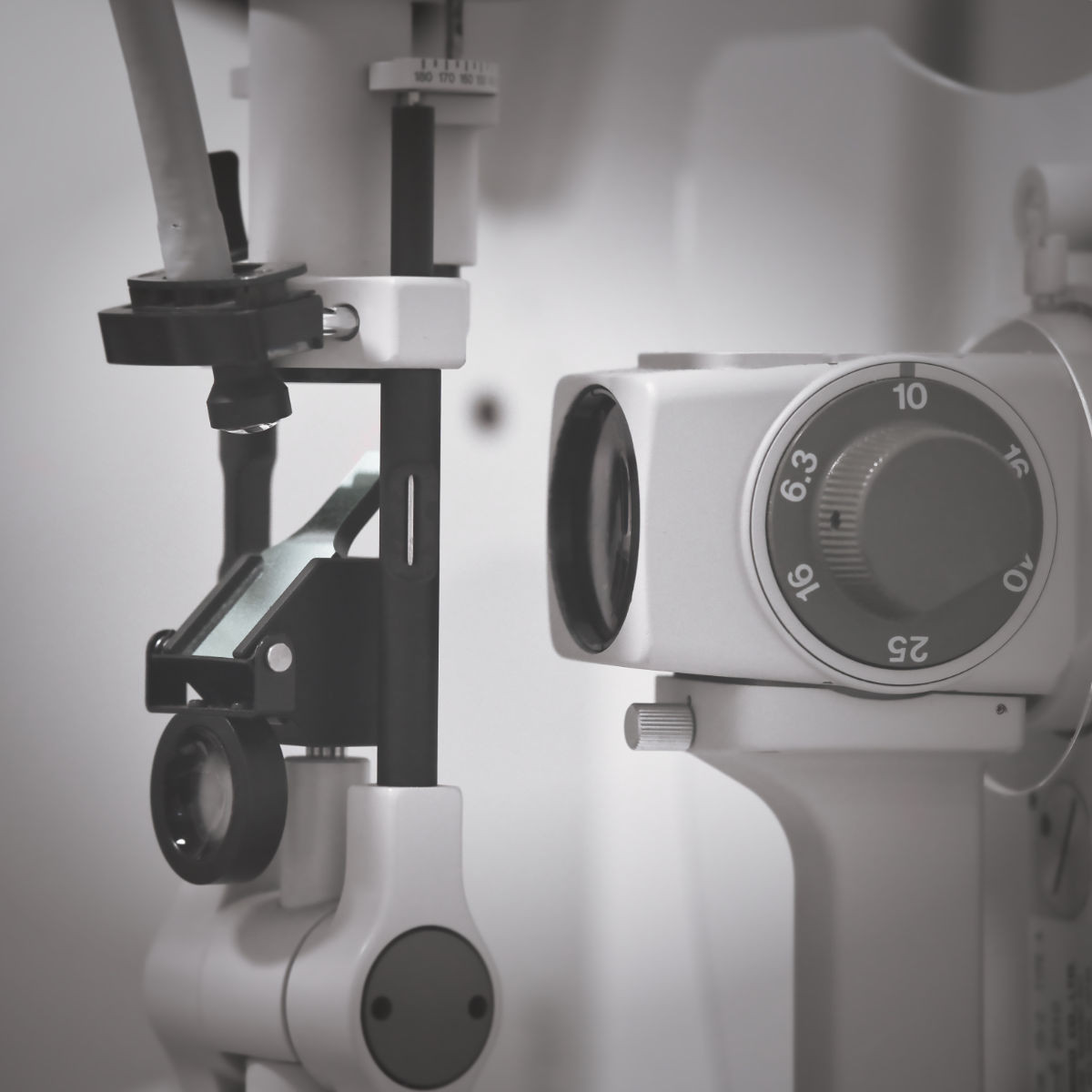 Black and white close-up of an optometric measuring device at an optician's in Mittersill.